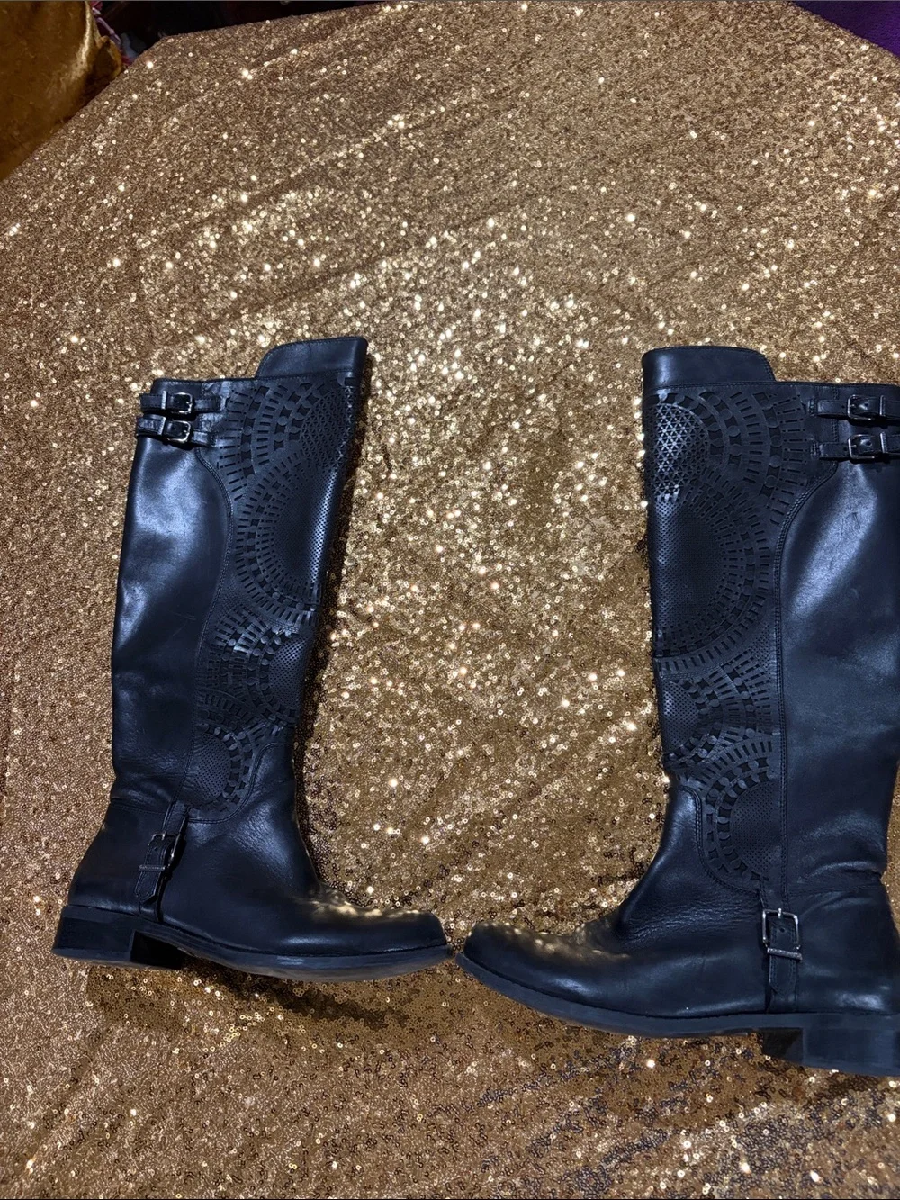 Gianni Bini Black Leather Laser-Cut Knee-High Boots